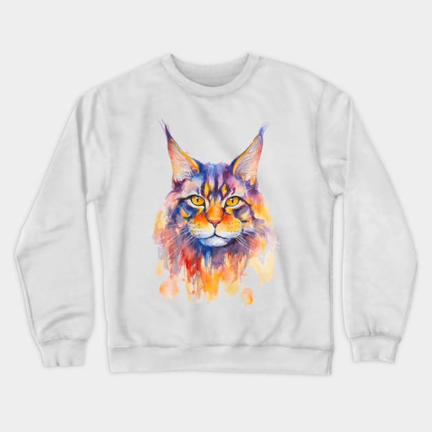 watercolor Maine Coon Cat Crewneck Sweatshirt by MariDein